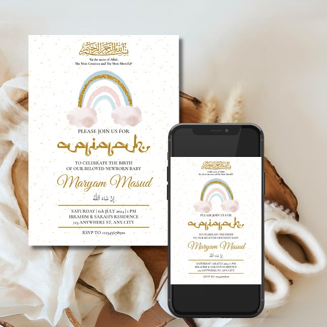 Invitation Boho Arc-en-ciel nouveau-né bébé fille Aqiqah musu (Créateur téléchargé)