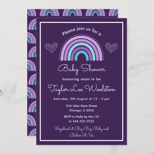 Invitation Boho arc-en-ciel violet et Baby shower bleu turquo (Devant / Derrière)