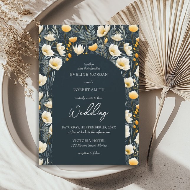 Invitation Boho arc vert foncé jaune ivoire fleurs sauvages (Boho arch dark green yellow ivory wild flowers invitation)