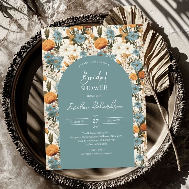 Invitation Boho arch aquarelle bleu foncé orange fleurs sauva (Boho arch watercolor dusty blue orange wildflowers invitation)