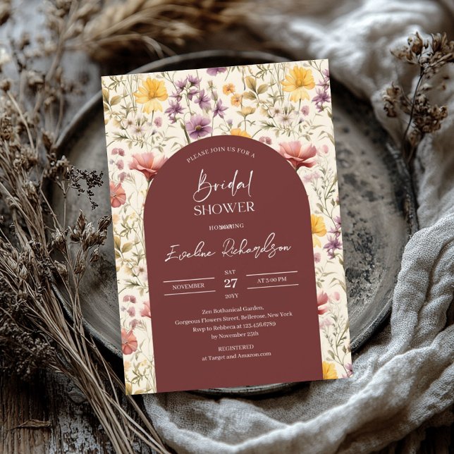 Invitation Boho arch aquarelle bordeaux jaune fleurs sauvages (Boho arch watercolor burgundy yellow wildflowers invitation)