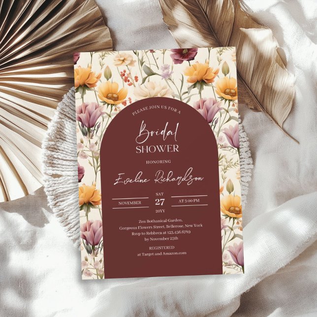 Invitation Boho arch aquarelle bordeaux jaune fleurs sauvages (Boho arch watercolor burgundy yellow wildflowers invitation)
