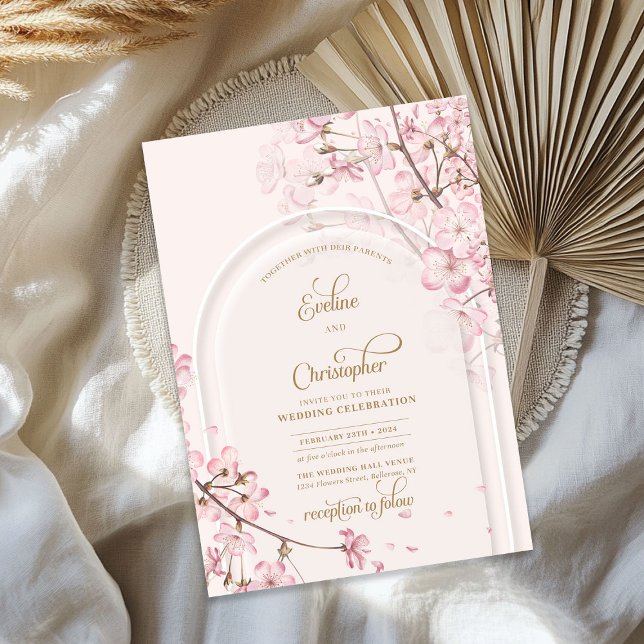 Invitation Boho arch aquarelle douce rose cerisier fleurie or (Boho arch watercolor soft pink cherry blossom gold invitation)