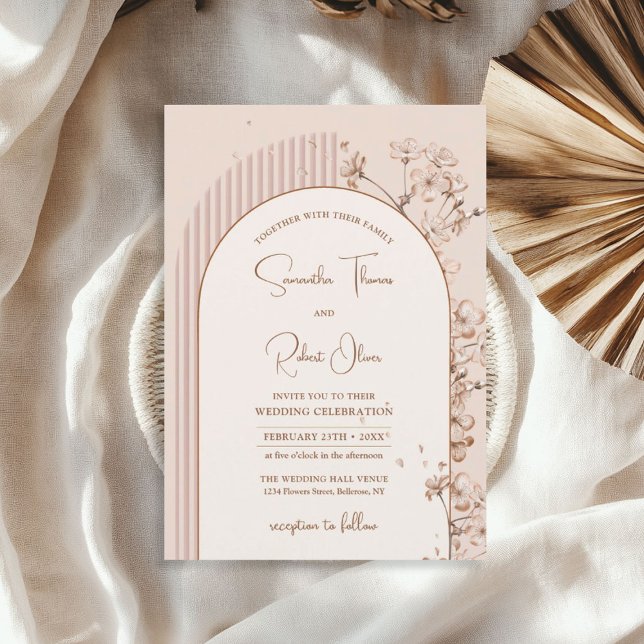 Invitation Boho arch aquarelle ivoire neutre fleurs beige (Boho arch watercolor soft ivory beige flowers chic invitation)