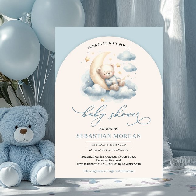 Invitation Boho arch aquarelle ours en peluche bleu et ivoire (cute sleeping teddy bear over the moon boy baby shower invitation)