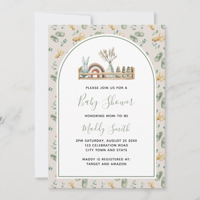 Invitation Boho Arch Bois Jouets Baby shower arc-en-ciel vert (Devant)