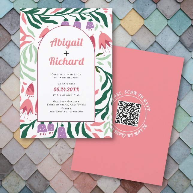 Invitation Boho arch branches rétro, fleurs code QR mariage (Créateur téléchargé)