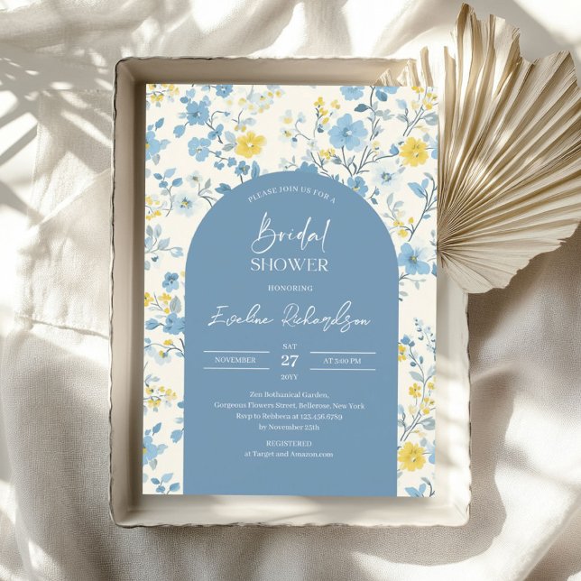 Invitation Boho arch coloré bleu clair fleurs sauvages (Boho arch colorful light blue yellow wildflowers invitation)