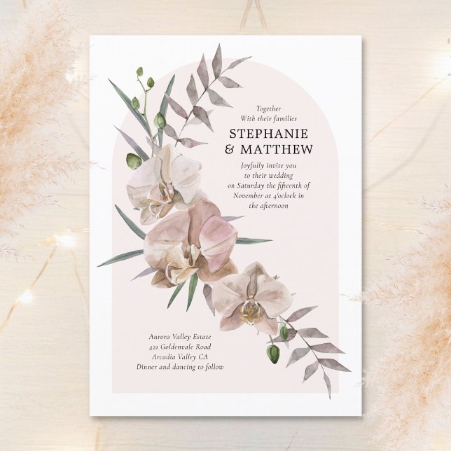 Invitation Boho Arch Dusty Orchidées Mariage floral fleuri (Créateur téléchargé)