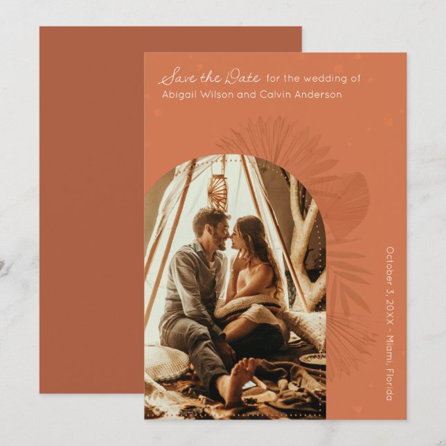 Invitation Boho Arch et Palm Terracotta Enregistrer la date (Devant / Derrière)