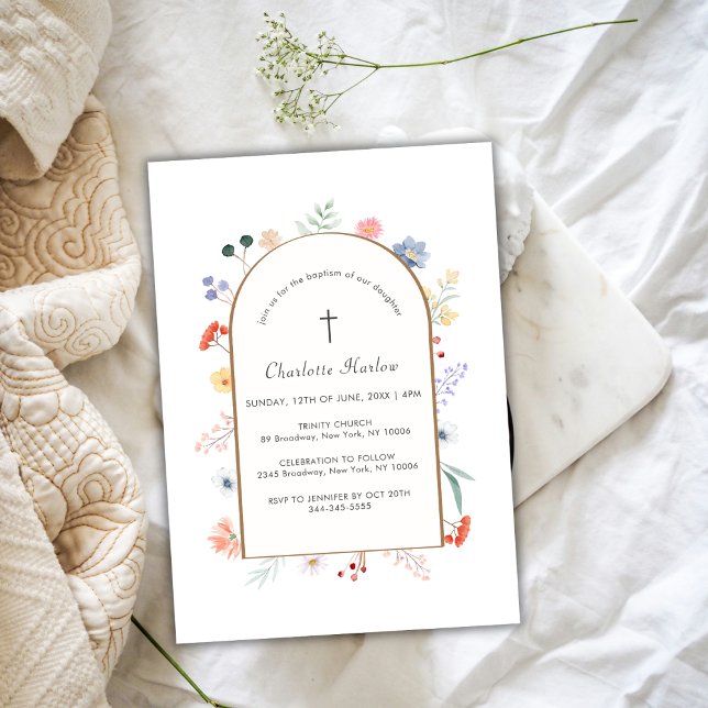 Invitation Boho Arch Fleur sauvage Floral Frame Cross Baptême (Boho Arch Wildflower Floral Frame Cross Baptism Invitation)