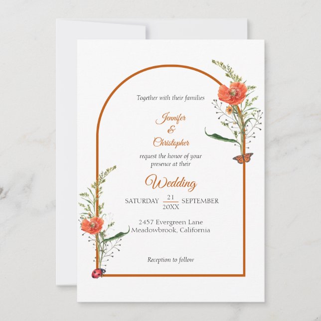 Invitation Boho Arch Fleur sauvage Orange Mariage (Devant)