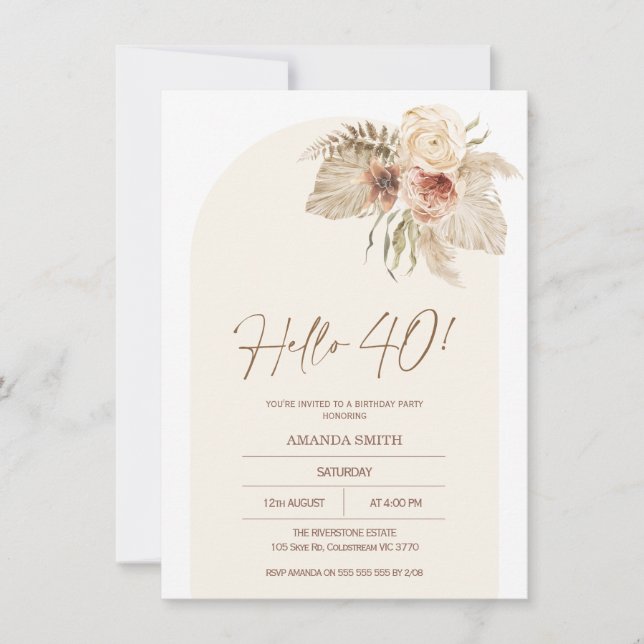 Invitation Boho Arch Floral Pampas Herbe Bonjour 40 Anniversa (Devant)