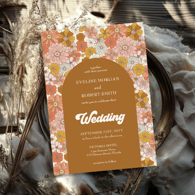 Invitation Boho arch marron orange et ivoire fleurs (Boho arch brown orange and ivory flowers invitation)