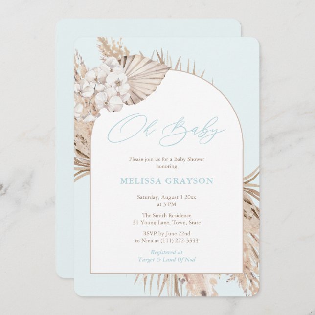 Invitation Boho Arch Pampas Grass Baby shower garçon bleu cla (Devant / Derrière)