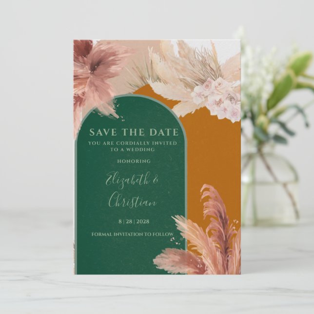 Invitation Boho Arch Pampas Grass Enregistrer La Date (Debout devant)