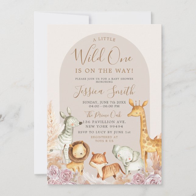 Invitation Boho Arch Pampas Grass Safari Wild Un Baby shower (Devant)