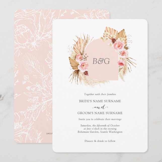 Invitation Boho arch pampas herbe rose pâle mariage initial (Devant / Derrière)