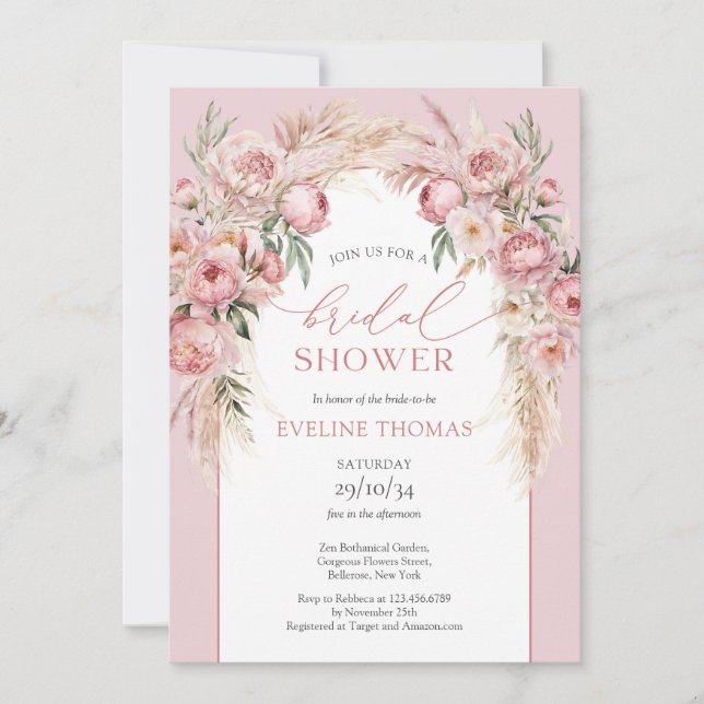 Invitation Boho arch pelouse blush pampas herbe eucalyptus (Devant)