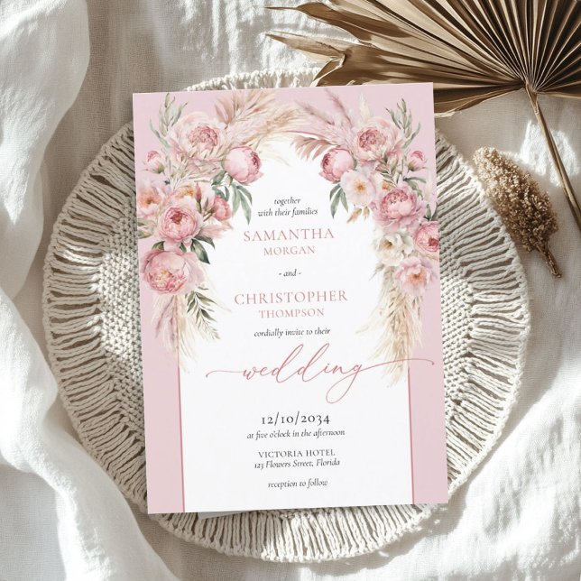 Invitation Boho arch pelouse blush pampas herbe eucalyptus (Boho arch blush peonies pampas grass eucalyptus invitation)