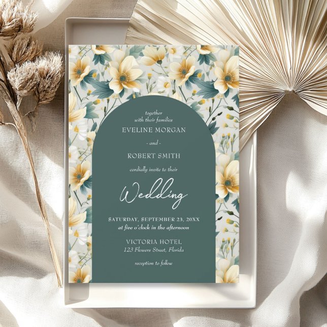 Invitation Boho arch sauge vert jaune ivoire fleur sauvage (Boho arch sage green yellow ivory wild flowers invitation)
