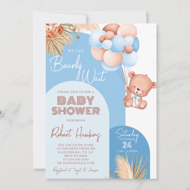 Invitation Boho Arch Teddy Bear Bearly Wait Baby shower (Devant)