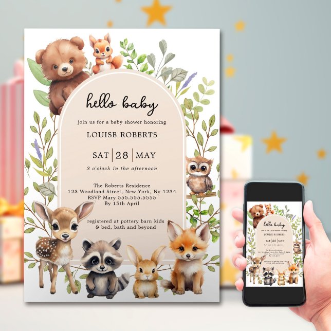 Invitation Boho Arch Végétal Bois Baby shower Animaux (Créateur téléchargé)