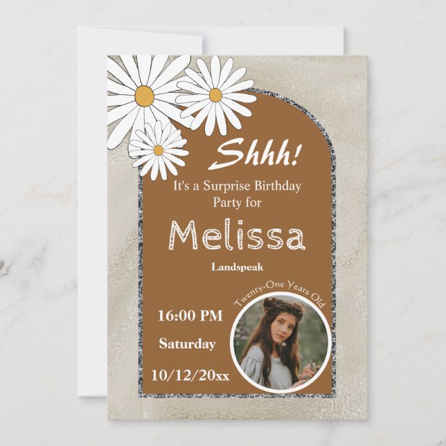 Invitation Boho & Arche Argent & White Daisy Anniversaire (Devant)