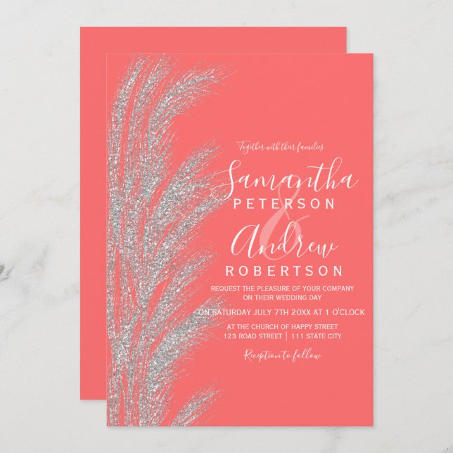 Invitation Boho argent pampas herbe corail blanc mariage (Devant / Derrière)