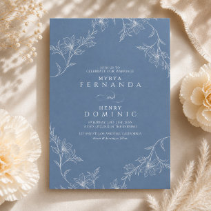 Invitation Boho Art Linéaire Floral Bleu Poussiéreux Mariage