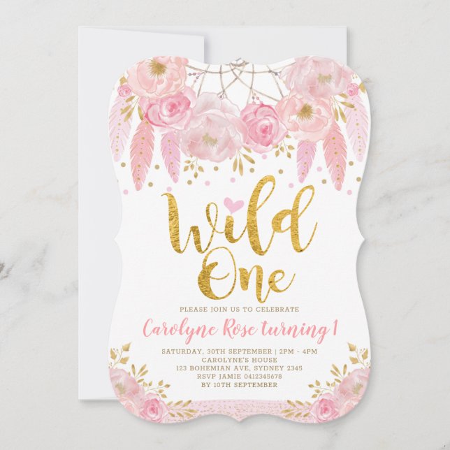 Invitation Boho Attrape-Rêves Fleur Rose Anniversaire Sauvage (Devant)
