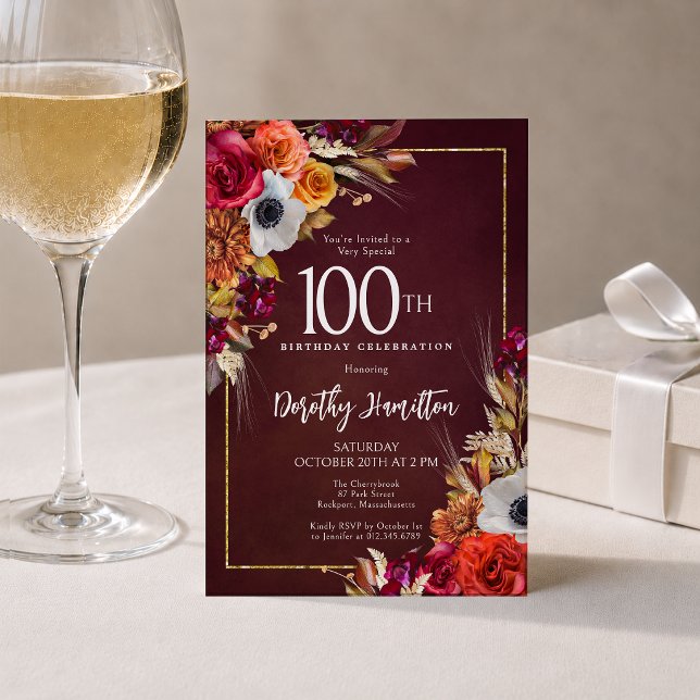 Invitation Boho automne Bourgogne floral script 100e annivers (Créateur téléchargé)
