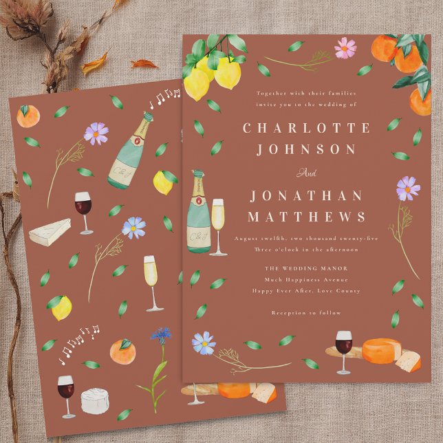 Invitation Boho Automne Citron & Vin Terracotta Beige Mariage (Boho chic fall wine & cheese wedding engagement party terracotta invitation Oranges lemons)