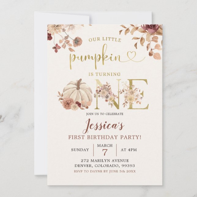Invitation Boho Automne Citrouille Floral Premier anniversair (Devant)