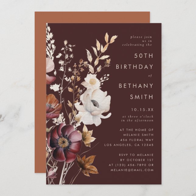 Invitation Boho Automne Fleur sauvage Brown Anniversaire (Devant / Derrière)