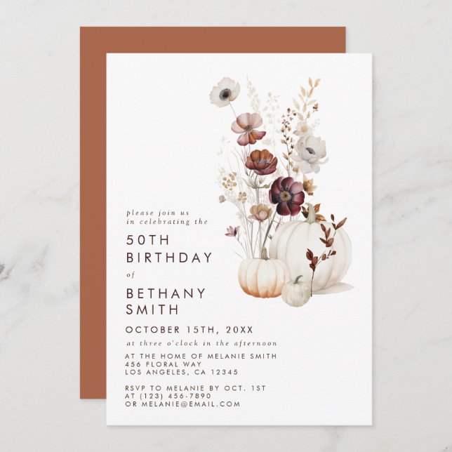Invitation Boho Automne Fleur sauvage Citrouille fête d'anniv (Devant / Derrière)