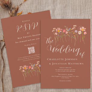 Invitation Boho Automne Fleur Sauvage Terracotta Code QR
