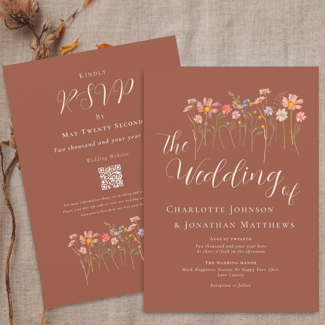 Invitation Boho Automne Fleur Sauvage Terracotta Code QR (Boho rustic fall wildflower floral terracotta brown wedding qr code invitation watercolor meadow )
