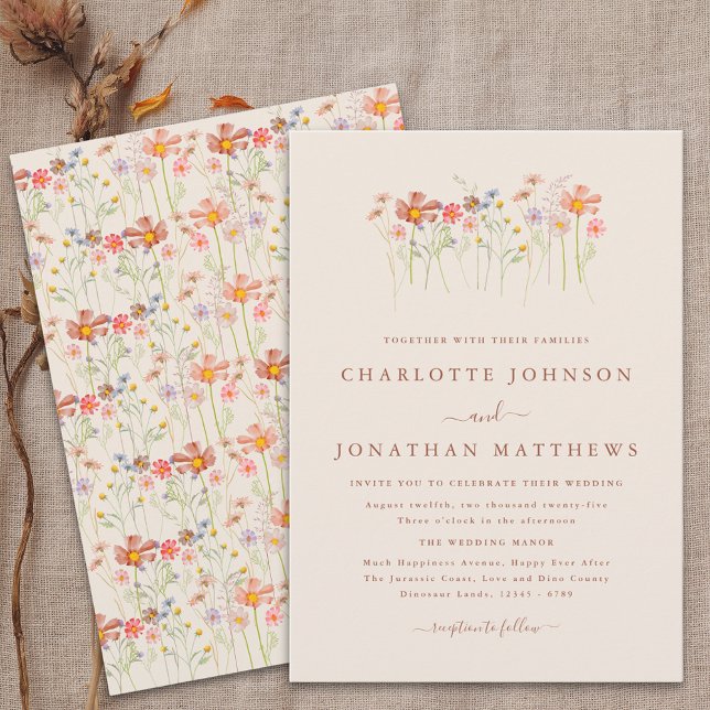Invitation Boho Automne Fleurs Sauvages Beige Terre Cuite Mar (Boho fall Wildflower meadow rustic floral beige terracotta Wedding invitation elegant script)