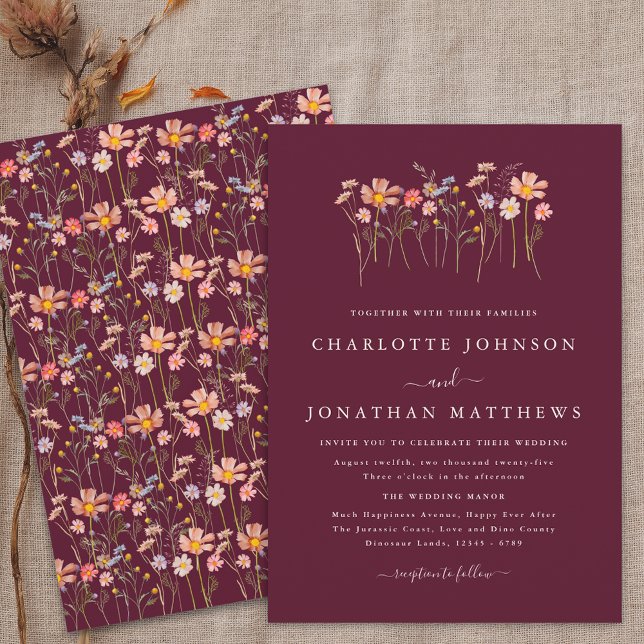 Invitation Boho automne fleurs sauvages bordeaux et terracott (Boho fall wildflower burgundy terracotta wedding invitation watercolor floral modern elegant script )