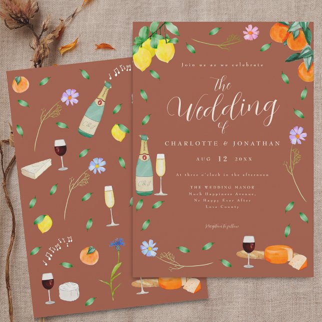 Invitation Boho Automne Fleurs Sauvages Citron Terracotta Mar (Boho fall floral citrus terracotta wedding invitation Lemons oranges citrus fruits wine & cheese)