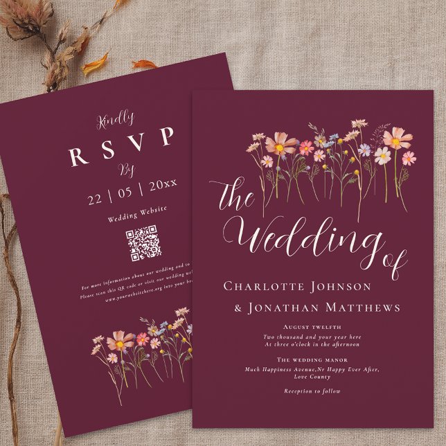 Invitation Boho Automne Fleurs Sauvages Floral Bourgogne Code (Wildflower floral burgundy & ivory cream Wedding qr code invitation watercolor flower meadow elegant)