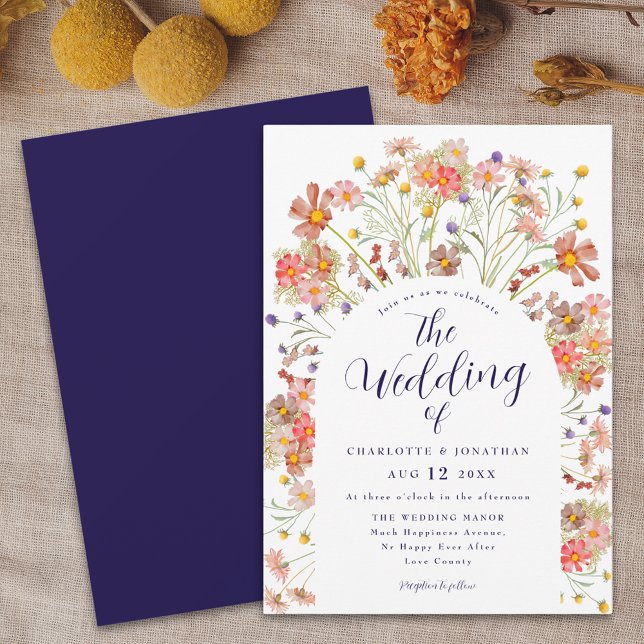 Invitation Boho automne fleurs sauvages mariage bleu marine e (Boho fall rustic wildflower floral arch navy blue and white wedding invitation watercolor flowers)