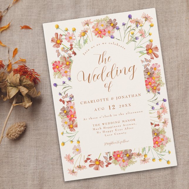 Invitation Boho Automne Fleurs Sauvages Orange Brûlé Mariage (Boho chic Wildflower arch burnt orange Wedding invitation elegant floral arch and script)