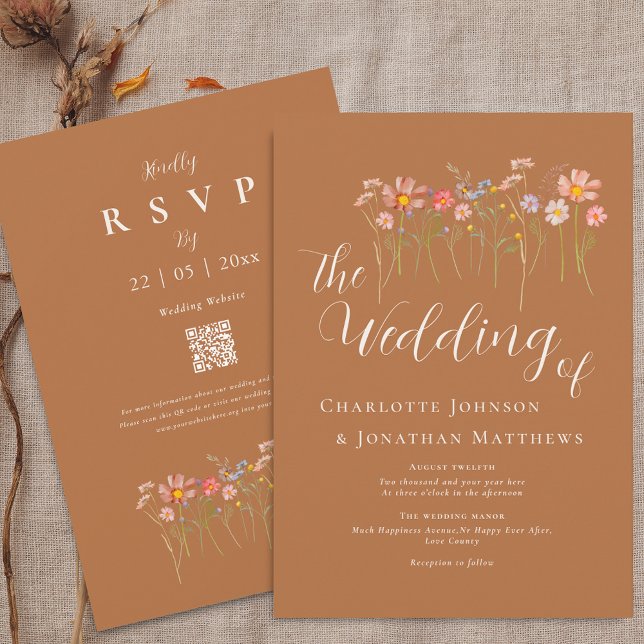Invitation Boho Automne Fleurs Sauvages Sucre Brun Beige Code (Boho fall rustic wildflower meadow brown sugar terracotta rust wedding qr code wedding invitation)