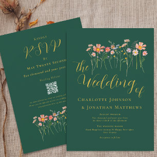 Invitation Boho Automne Fleurs Sauvages Vert Foncé Or Rouille