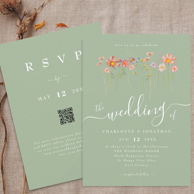 Invitation Boho Automne Fleurs Sauvages Vert Sauge Code QR Ma (Boho fall Wildflower floral sage green Wedding qr code invitation Elegant modern script watercolor)