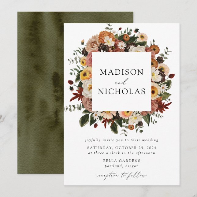 Invitation Boho Automne Floral Frame Mariage (Devant / Derrière)