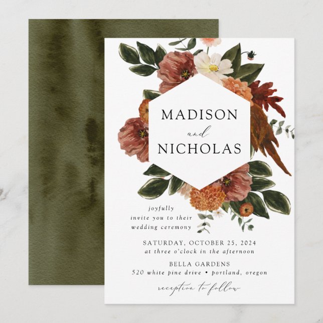 Invitation Boho Automne Floral Frame Mariage (Devant / Derrière)