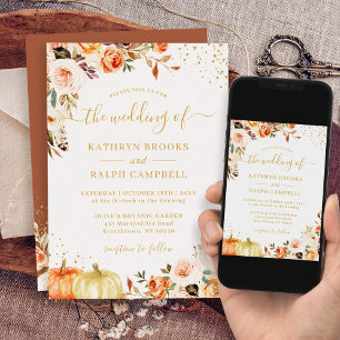 Invitation Boho Automne Floral Terracotta Gold Citrouille Mar